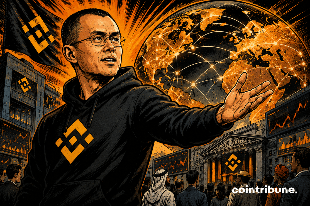 CZ de Binance devant un globe connecté, entouré de places boursières et d’écrans de marché.