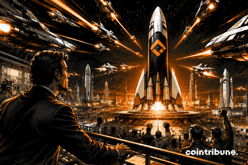 A commander inspired by a market operator monitors space traffic. A giant SpaceX rocket attracts the majority of financial shuttles (derivatives products) converging toward it.