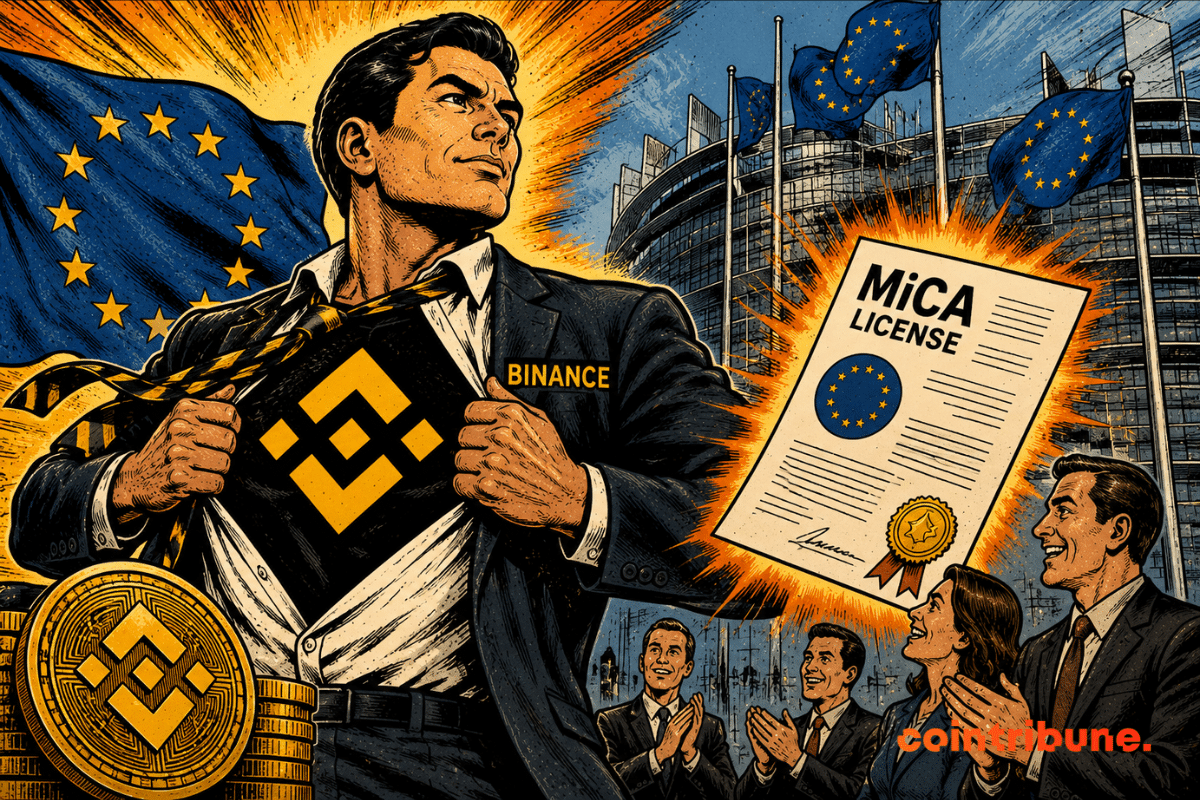 Illustration représentant Binance dans sa quête d’une licence MiCA au sein de l’Union européenne, avec un personnage dévoilant le logo de Binance devant un document MiCA et des drapeaux européens.
