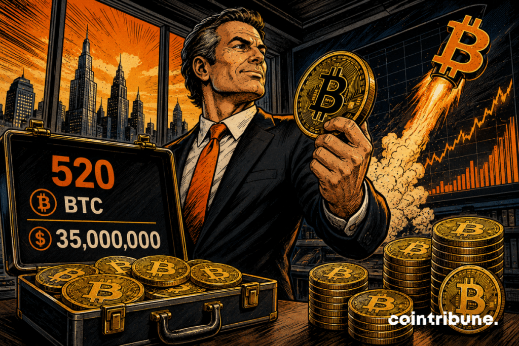Un dirigeant tient un bitcoin devant une mallette affichant 520 BTC et 35 millions de dollars.