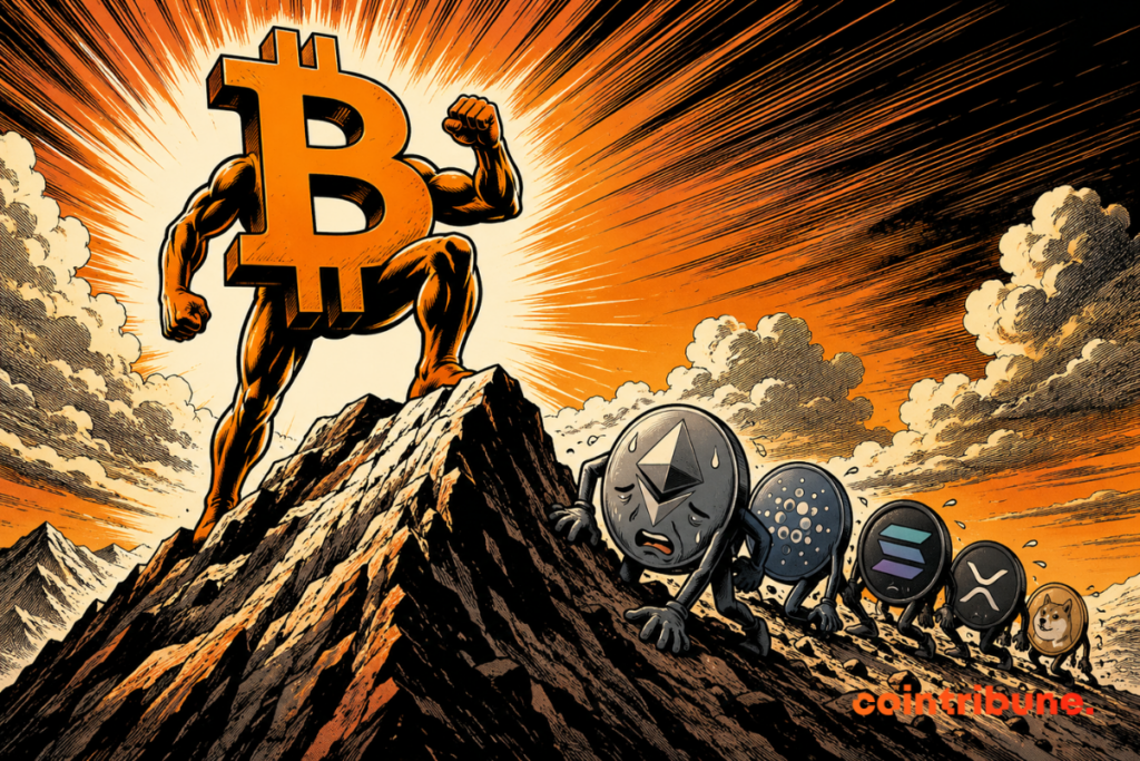 Illustration showing Bitcoin dominating Altcoins on a mountain, symbolizing Bitcoin’s growing dominance in the crypto market.