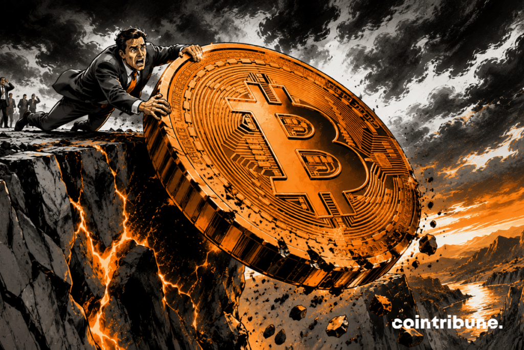 Une pièce Bitcoin monumentale bascule dans le vide. Un investisseur tente de la retenir.