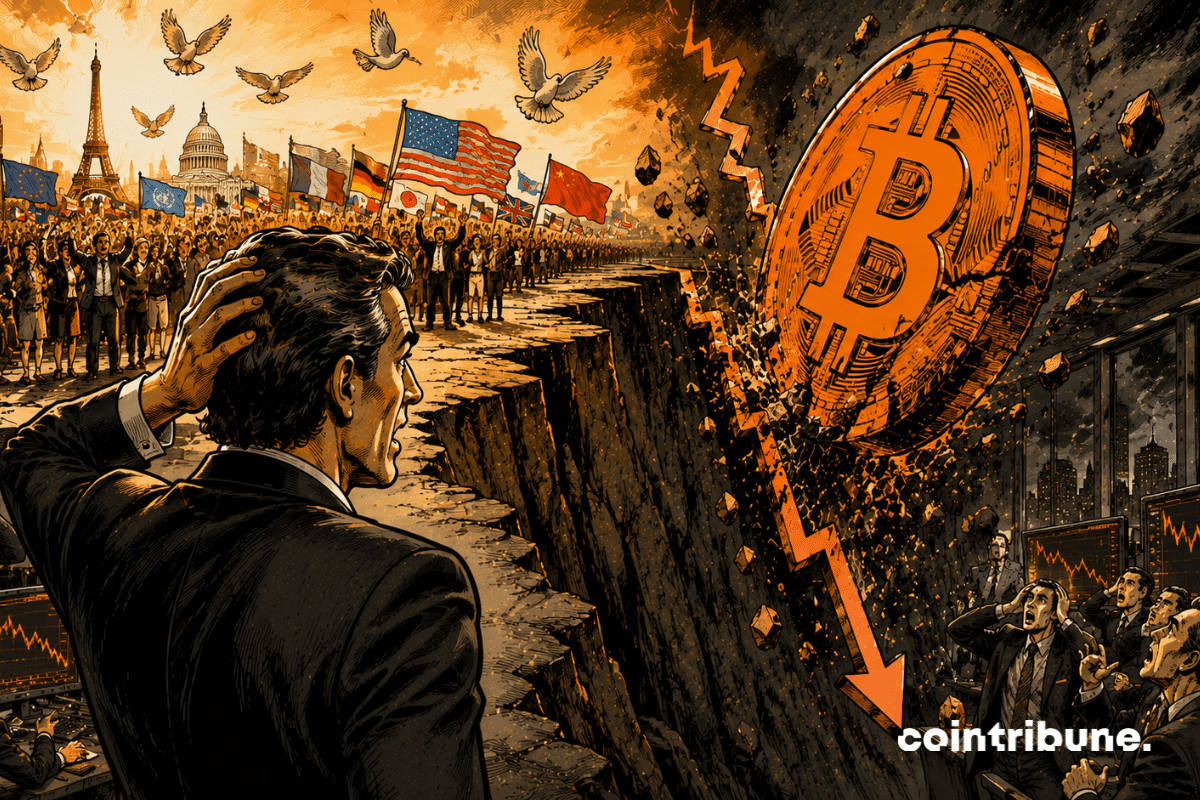 Un investisseur crypto observe deux scènes opposées. À gauche, une foule célèbre une paix historique. À droite, un immense symbole Bitcoin glisse le long d'une falaise.