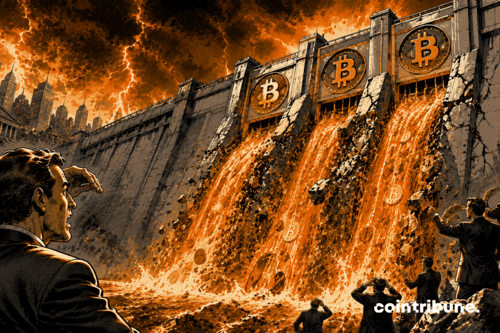 A financial analyst stands before a gigantic dam adorned with Bitcoin symbols. The massive structure releases glowing torrents representing capital outflows from Bitcoin ETFs.