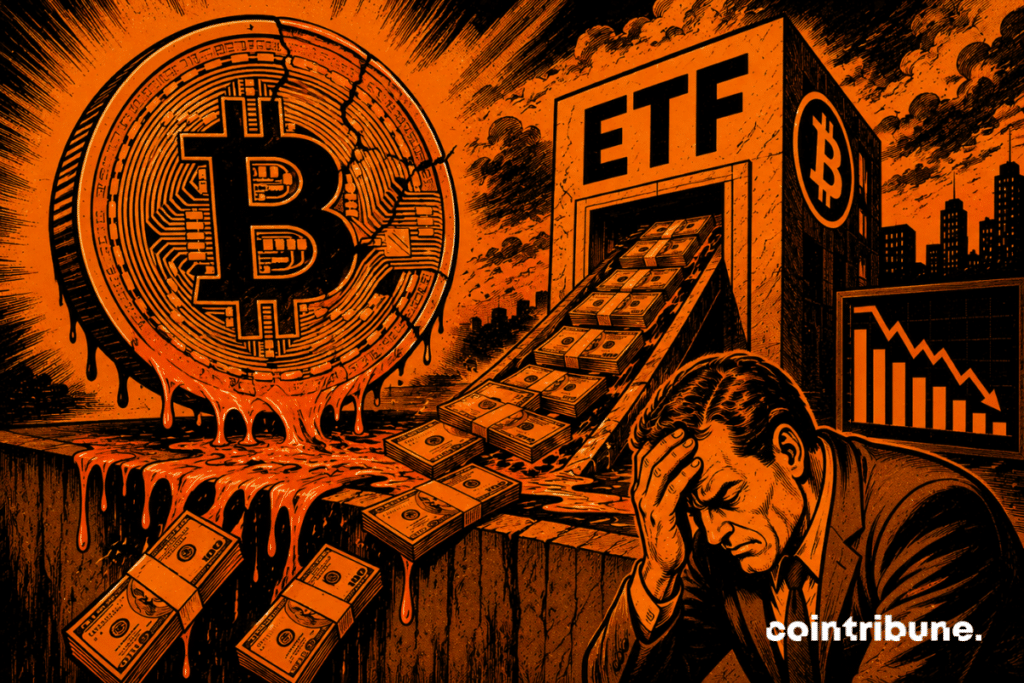 An investor watches Bitcoin ETF capital outflows with dismay.