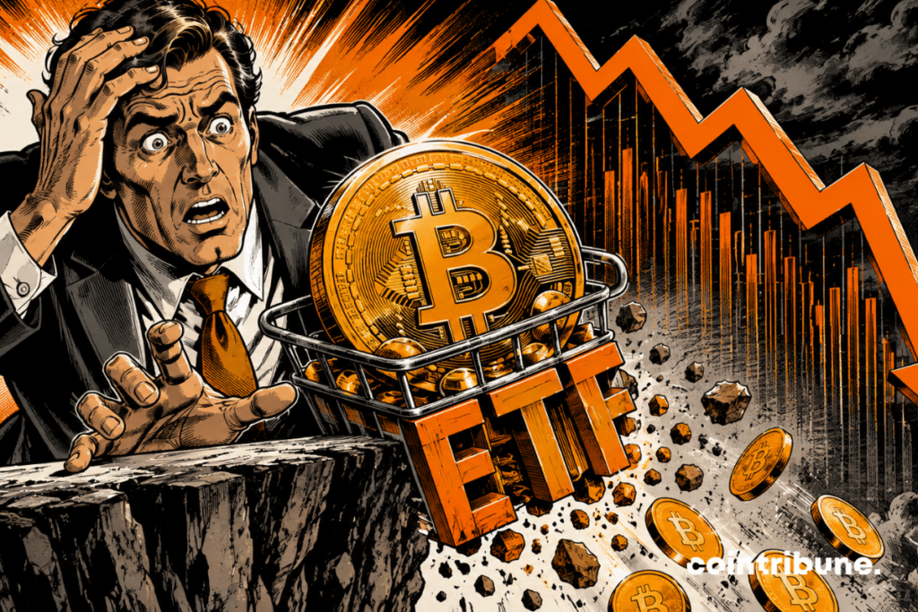 Un investisseur manifeste des signes de panique financière après la chute du marché liée aux retraits massifs des capitaux des ETF Bitcoin.