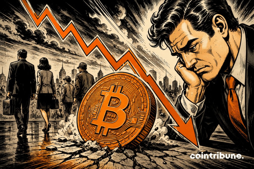 Illustration montrant une forte baisse du Bitcoin, symbolisée par une pièce BTC au sol sous une flèche descendante, tandis que des investisseurs s’éloignent dans un contexte marqué par les sorties de capitaux des ETF et le recul de la demande.
