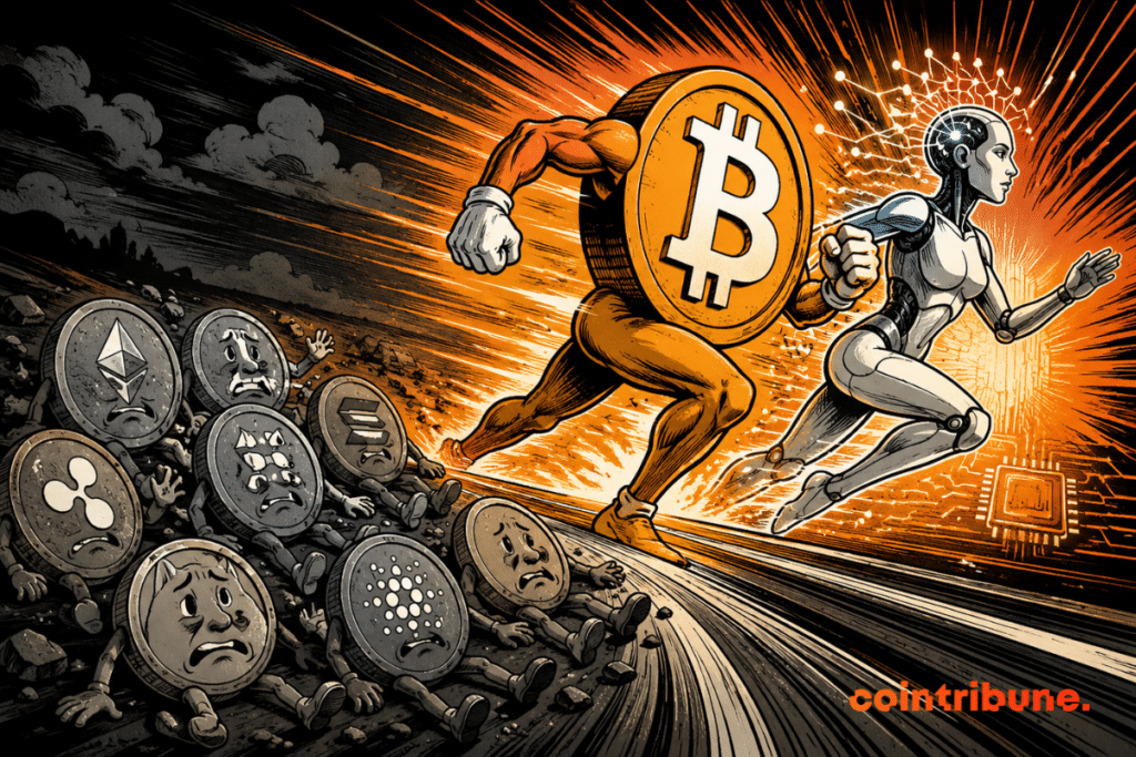 Illustration showing Bitcoin outperforming Altcoins and attracting capital toward AI, representing investment rotation in the crypto market.