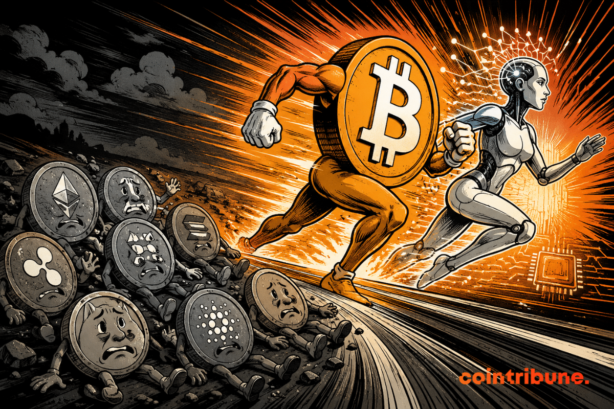Illustration showing Bitcoin outperforming Altcoins and attracting capital toward AI, representing investment rotation in the crypto market.