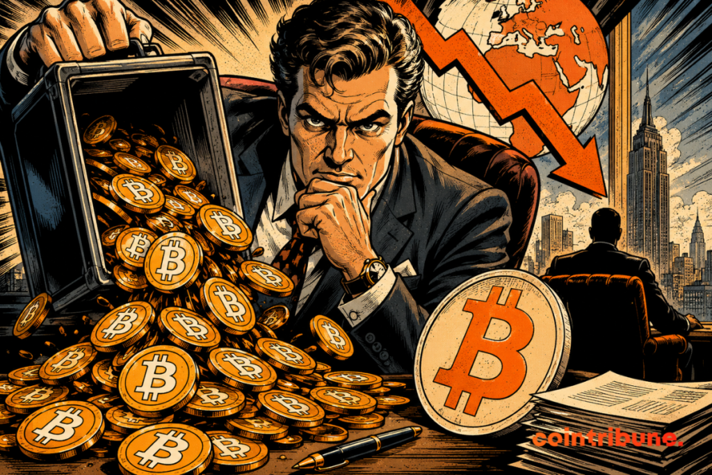 Illustration of an investor facing a massive Bitcoin sell-off linked to BlackRock’s IBIT ETF, amid a market downturn.