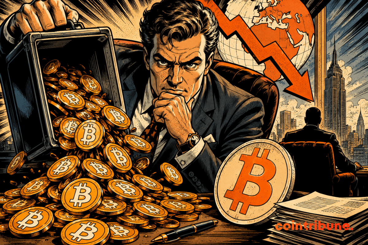 Illustration of an investor facing a massive Bitcoin sell-off linked to BlackRock’s IBIT ETF, amid a market downturn.