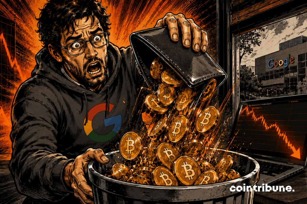 An investor, in a financial panic after the crypto crash, unloads his Bitcoins.