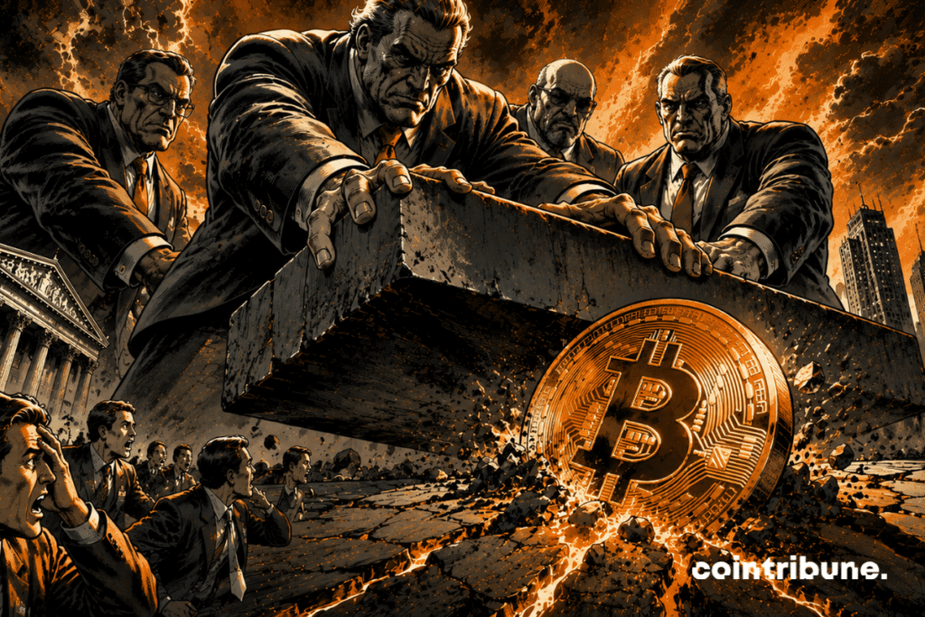 A giant Bitcoin coin is being gradually crushed. Several financial giants are pushing a massive block toward the coin, symbolizing the selling pressure exerted by institutional investors.