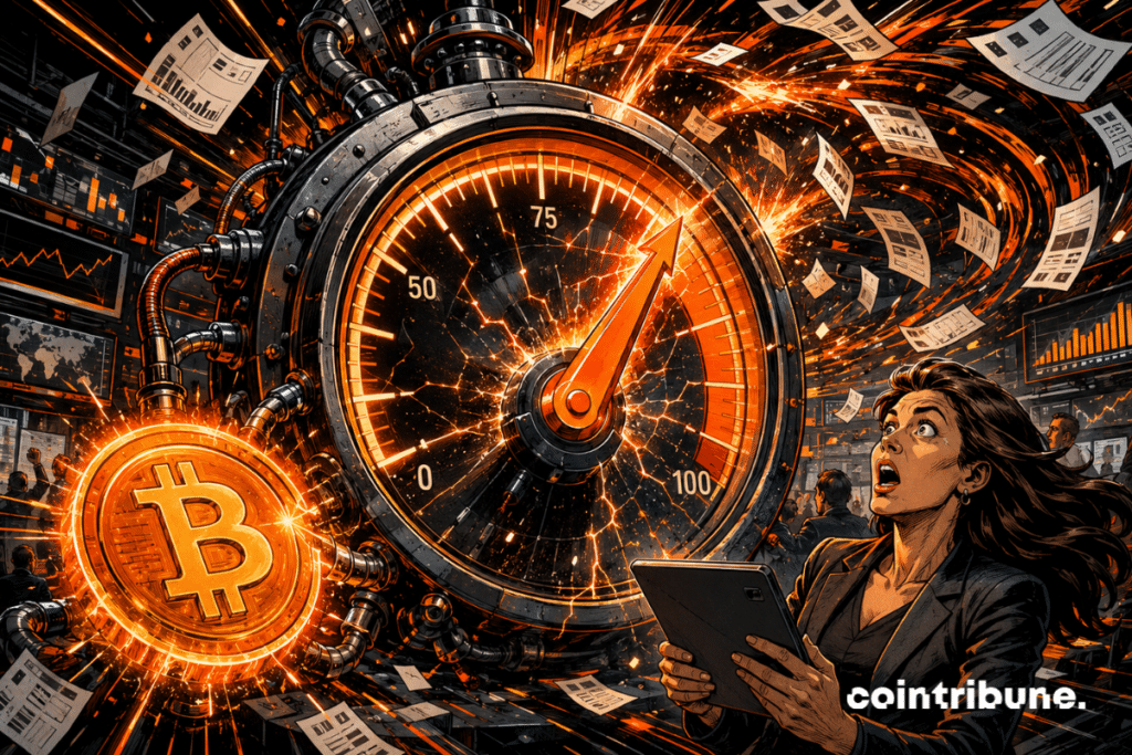 An orange Bitcoin coin powers a massive overheating financial gauge in a tense trading room.