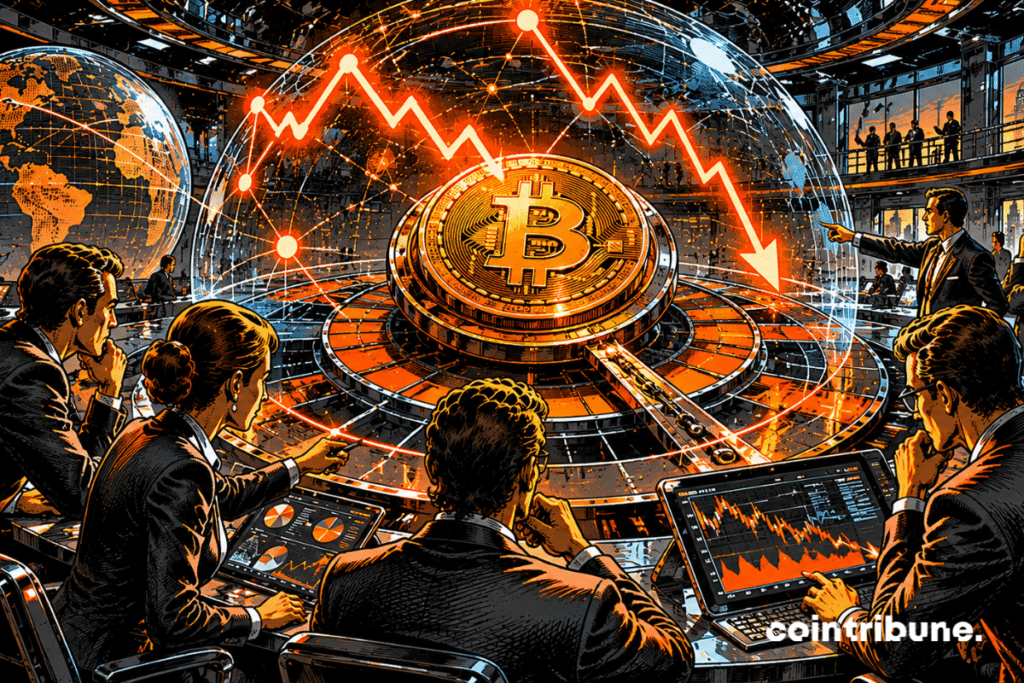 Dans une grande salle circulaire remplie d’analystes, une immense roue mécanique des probabilités domine le centre. Les traders de Bitcoin des marchés de prédiction suivent son mouvement avec attention.