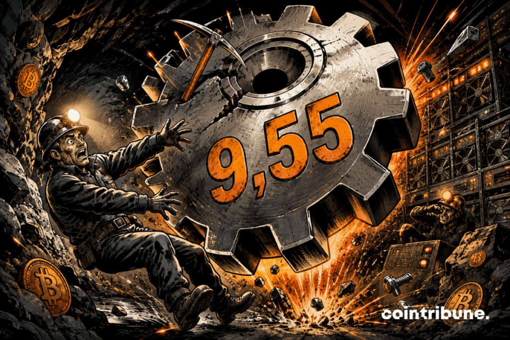 Un engrenage géant marqué 9,55 chute dans une mine de bitcoin, projetant un mineur en arrière.