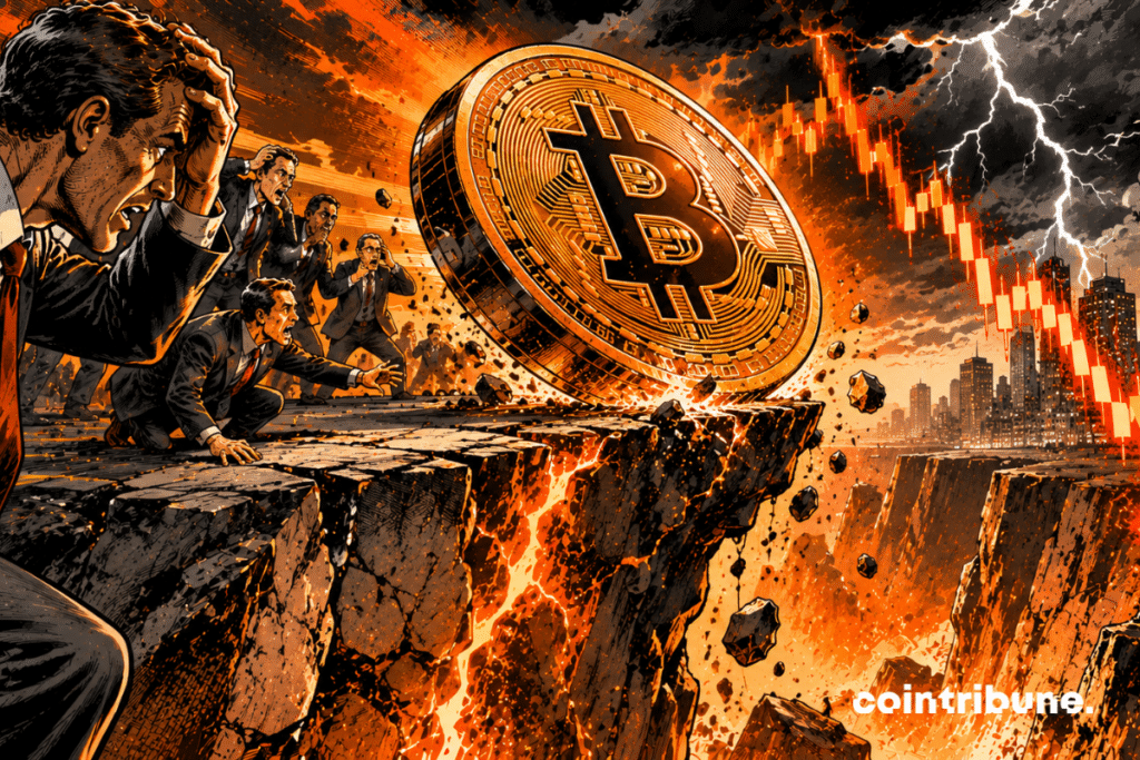 A monumental Bitcoin coin teeters dangerously on the edge of a massive cliff.