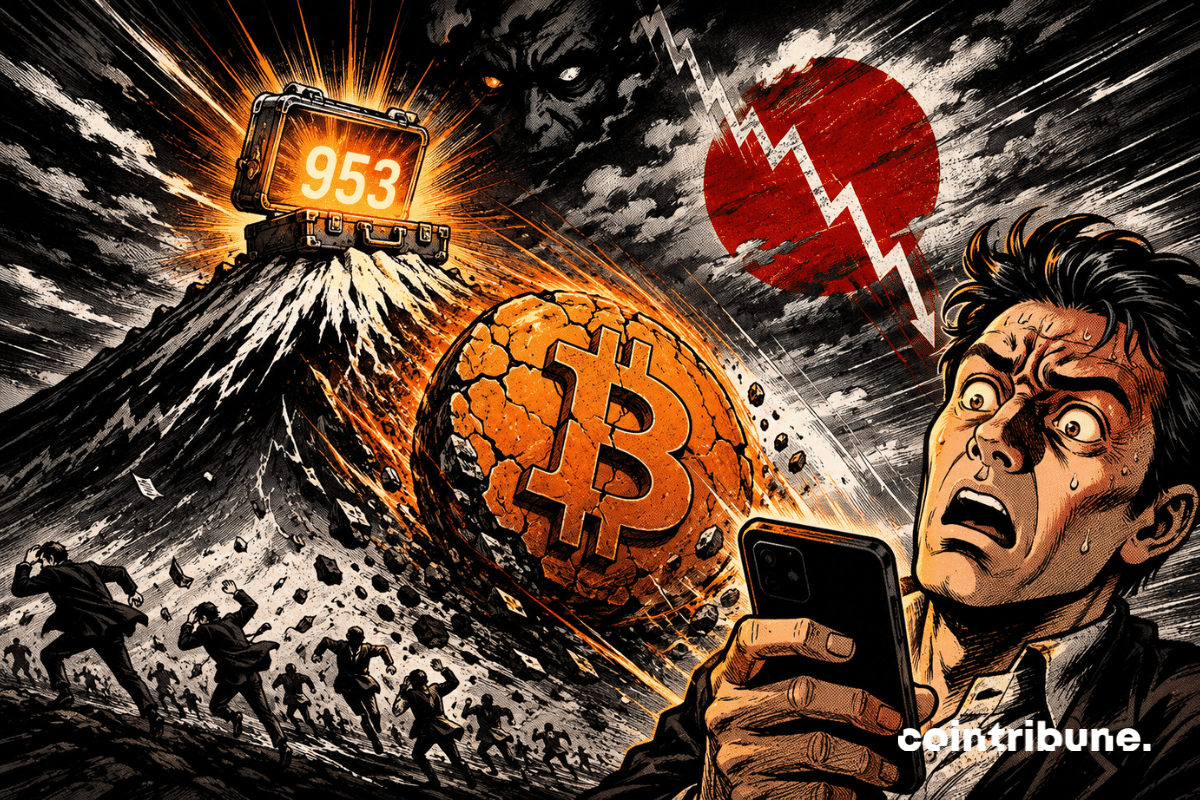 Illustration comics montrant un Bitcoin fissuré dévalant le Mont Fuji, un investisseur paniqué au premier plan et une valise lumineuse affichant 953.