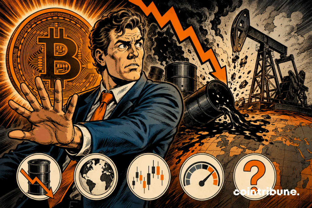 Un investisseur inquiet entre le symbole Bitcoin et des barils de pétrole en chute.