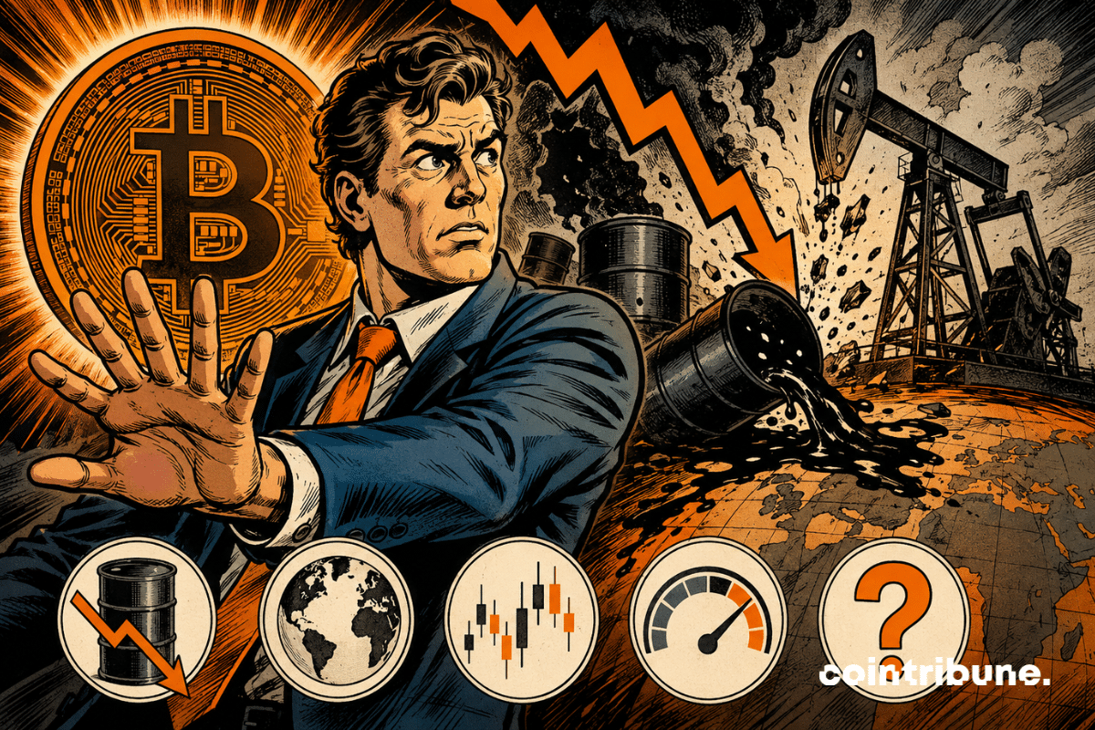 Un investisseur inquiet entre le symbole Bitcoin et des barils de pétrole en chute.