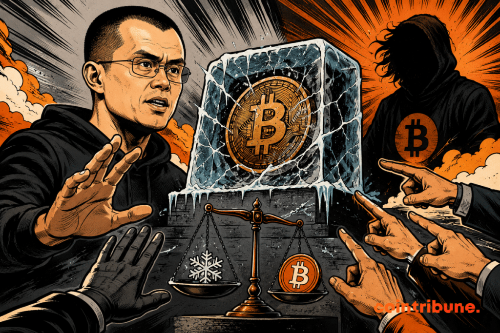 Illustration dramatique représentant CZ (Changpeng Zhao) face à un Bitcoin gelé dans un bloc de glace, tandis qu'une silhouette mystérieuse évoquant Satoshi Nakamoto observe la scène en arrière-plan. Une balance symbolique oppose un flocon de neige à un Bitcoin, illustrant le débat entre la préservation de la vision originelle de Bitcoin et son évolution. Plusieurs mains pointent la scène, symbolisant les controverses et les accusations au sein de l'écosystème crypto.