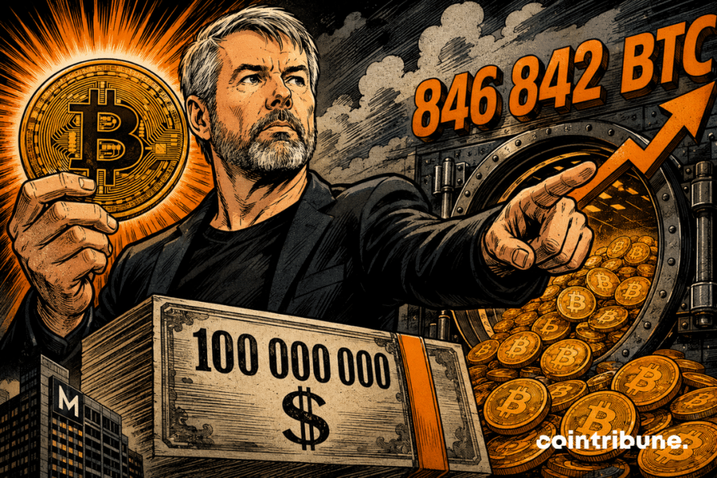 Michael Saylor devant un coffre rempli de bitcoins, tenant une pièce et pointant une flèche haussière.