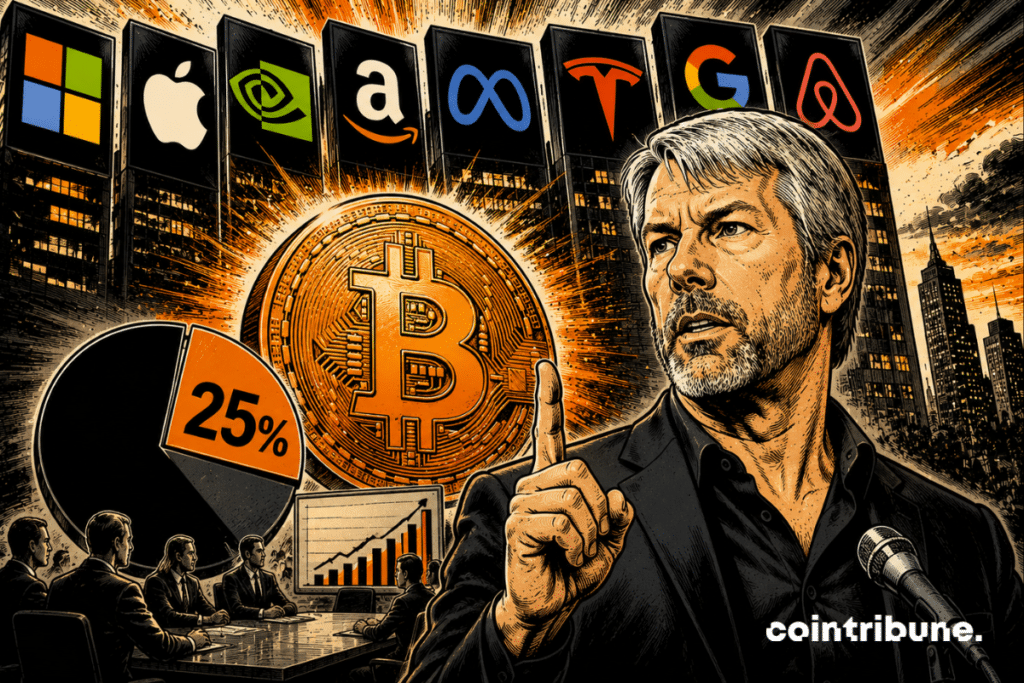 Illustration showing Michael Saylor pointing at a glowing Bitcoin coin, surrounded by major tech company logos from the Mag8, alongside a chart indicating that 25% of companies hold Bitcoin in their treasury, highlighting institutional crypto adoption.