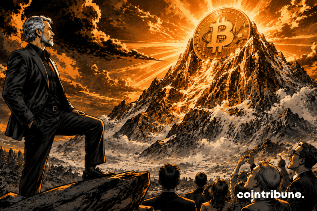 A man inspired by Michael Saylor stands at the top of a promontory. A colossal Bitcoin mountain continues to rise into the clouds while the crowd remains far below.