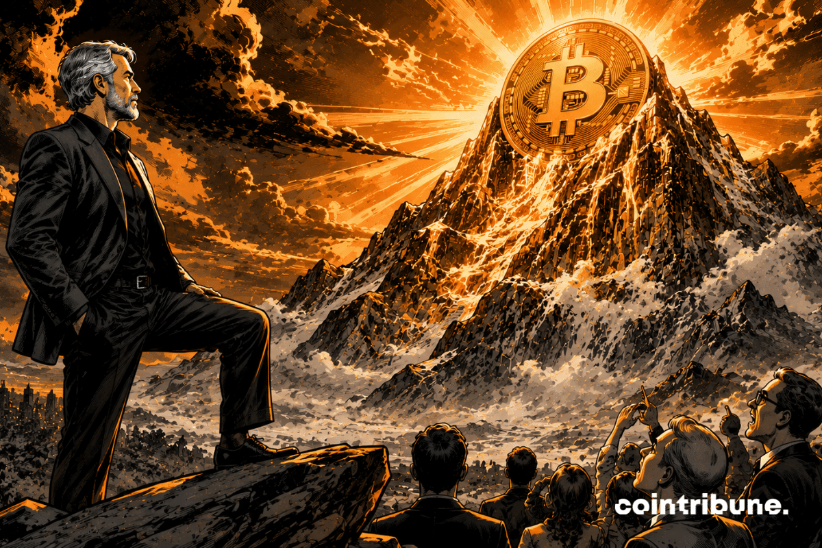 Un homme inspiré de Michael Saylor est debout au sommet d’un promontoire. Une montagne Bitcoin colossale continue de s’élever dans les nuages alors que la foule reste loin en contrebas.