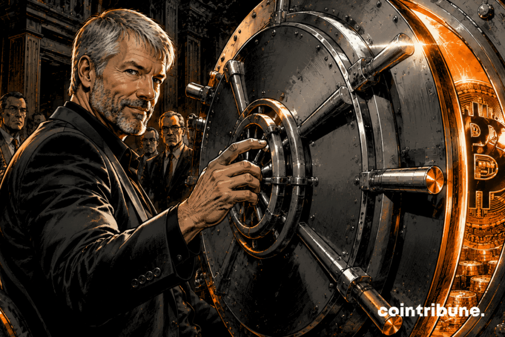 A man inspired by Michael Saylor has one hand resting on the wheel of a massive vault. The vault remains closed, but a Bitcoin glow is already escaping through the cracks.