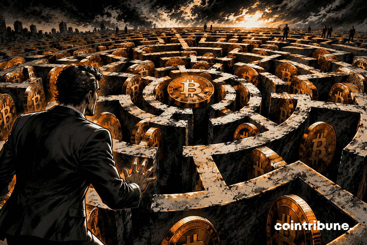 A lost investor searches for a way out of a labyrinth. The walls of the labyrinth are made of giant Bitcoin coins.