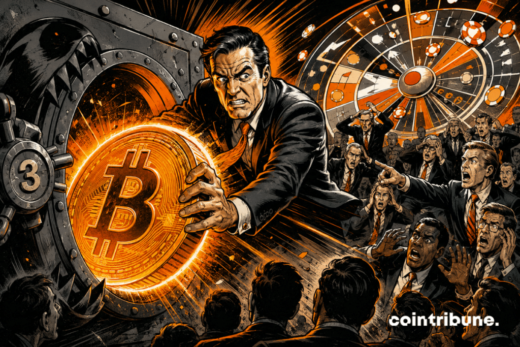 Ilustración estilo cómic de un dirigente empujando una gran moneda de Bitcoin fuera de una caja fuerte, bajo la mirada sorprendida de una multitud y una rueda de predicción.