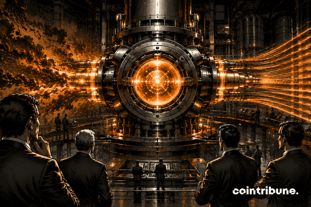 A gigantic financial machine acts as a stabilizer. Energy flows linked to Bitcoin circulate smoothly despite a visible disturbance on one side.