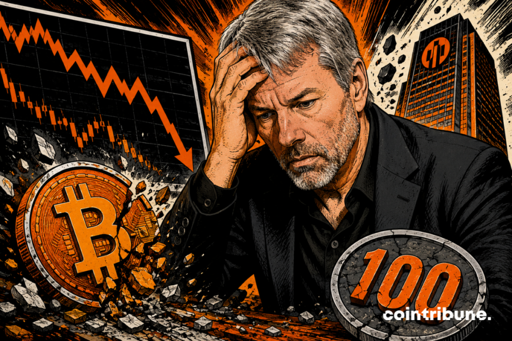 Illustration showing Strategy's MSTR stock decline as Bitcoin falls under increasing crypto market pressure.