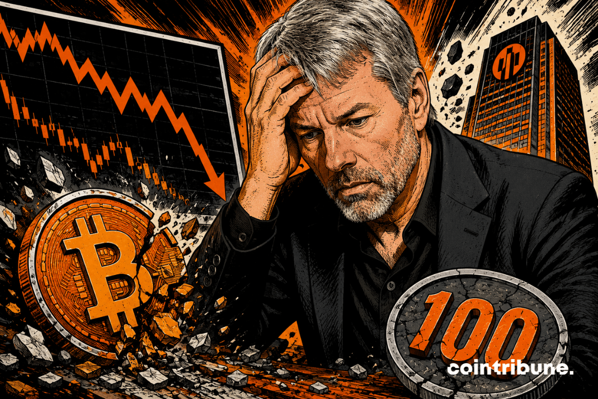 Illustration showing Strategy's MSTR stock decline as Bitcoin falls under increasing crypto market pressure.