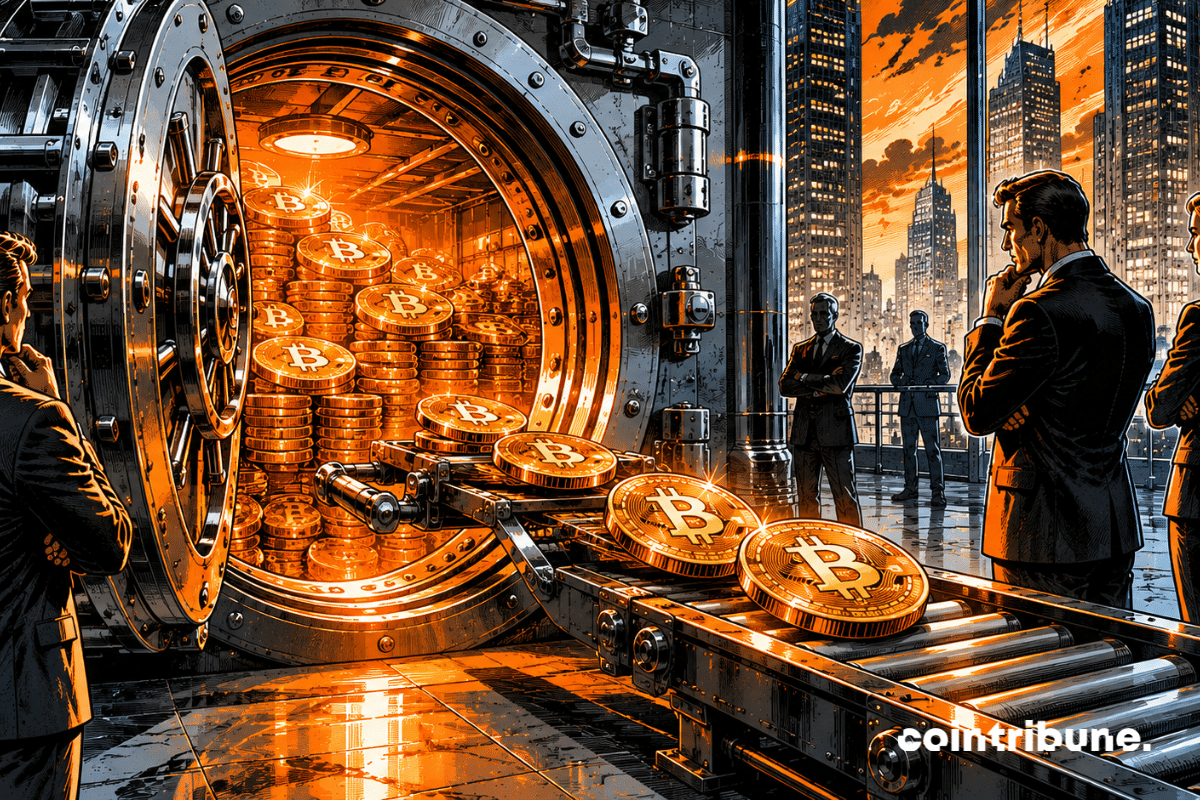 Only a few Bitcoin coins leave the reserve, while the vast majority remain inside a massive industrial vault, symbolizing the sales carried out by Strategy.