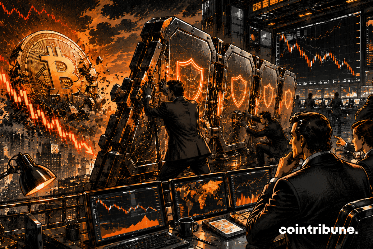 Behind a massive metal barrier, several traders and analysts watch the market. In the distance, a gigantic Bitcoin coin appears weakened.