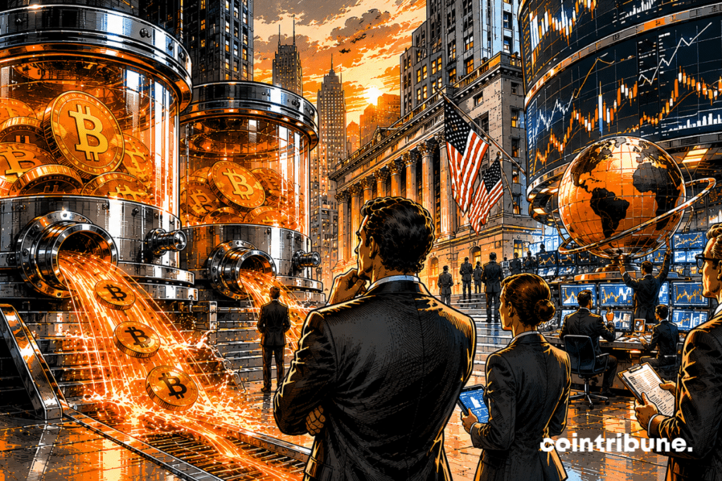 Two massive financial reservoirs are losing part of their contents. Behind them, a giant trading floor remains highly active. Bitcoin traders are working intensely despite the outflows.