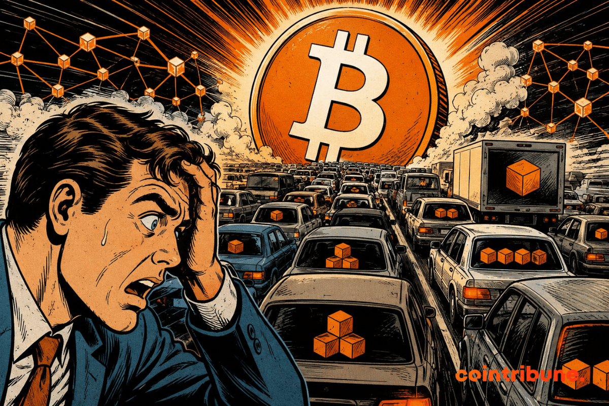 Illustration représentant une congestion du réseau Bitcoin avec une immense pièce BTC au-dessus d’une circulation saturée de véhicules symbolisant l’augmentation des transactions blockchain et la pression sur l’espace des blocs.