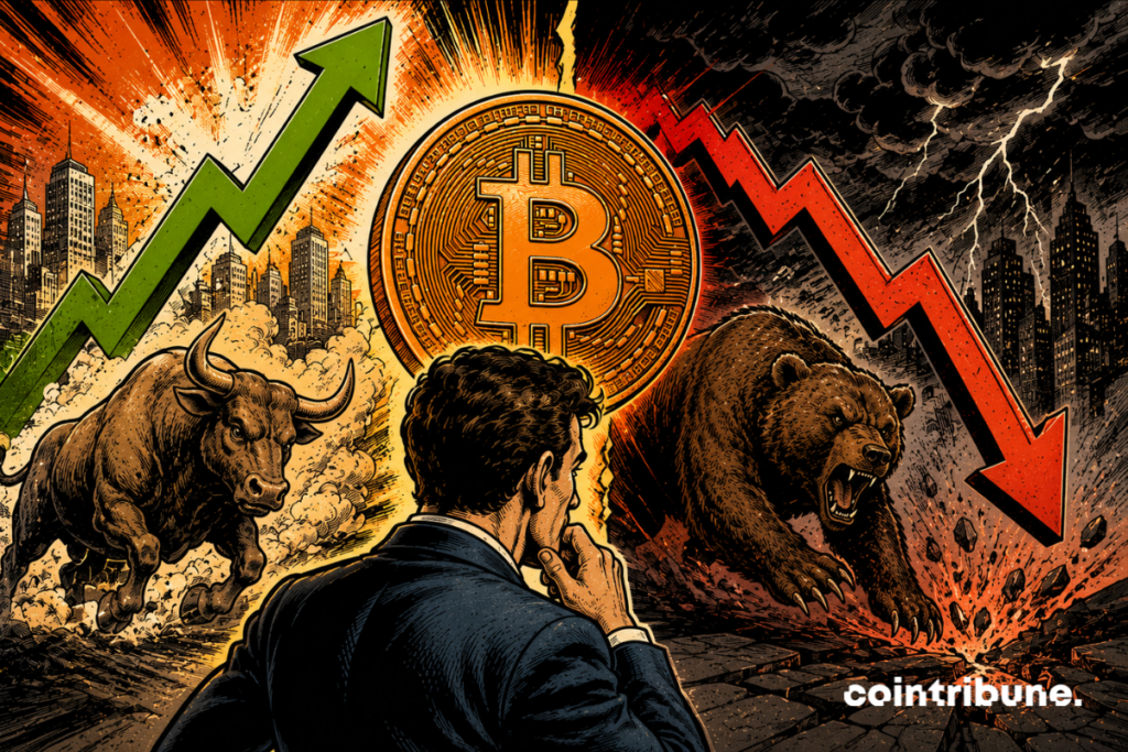 Illustration of an investor looking at Bitcoin between a green upward arrow and a red downward arrow, symbolizing market uncertainty.