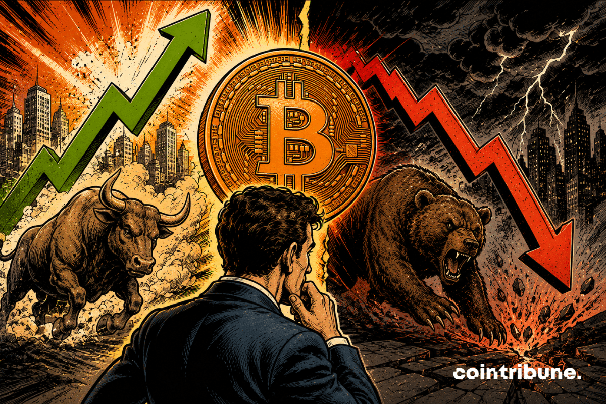 Illustration d’un investisseur observant un Bitcoin entre une flèche haussière verte et une flèche baissière rouge, symbole de l’incertitude du marché.