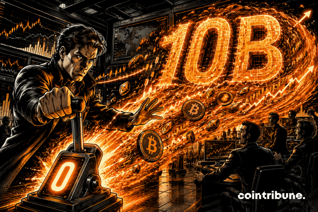 Crypto trader activating a zero-fee lever that triggers an orange wave of volume toward 10B.