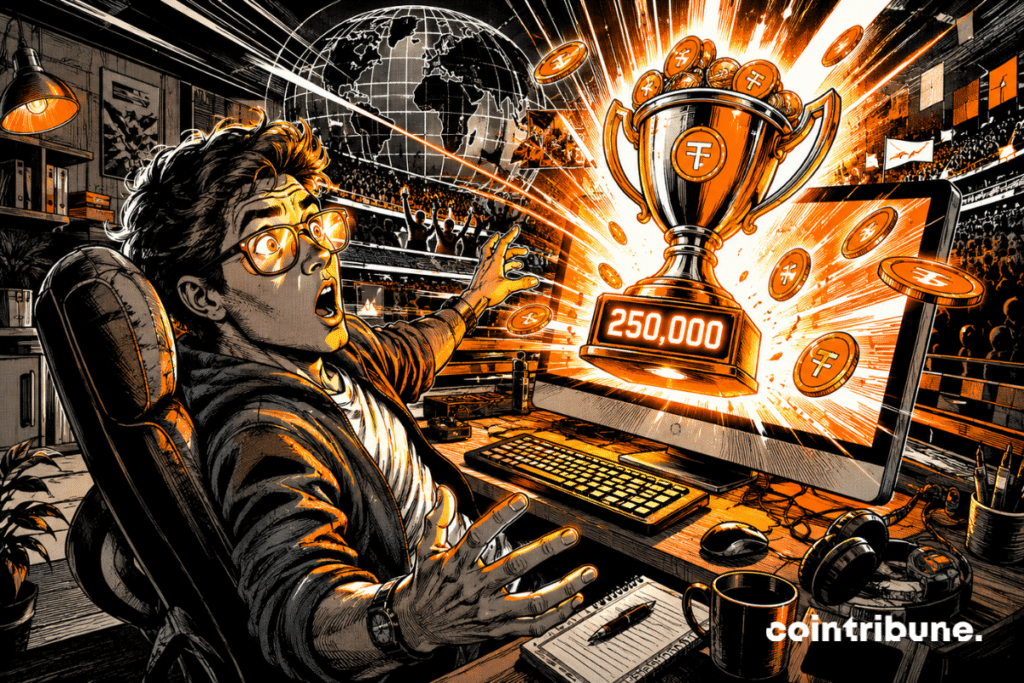 Comic-style illustration of a surprised trader facing a crypto trophy bursting from his screen, surrounded by orange coins and the number 250,000.