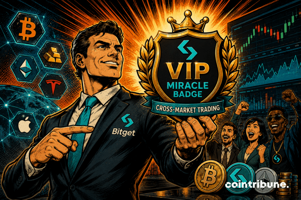 A Bitget representative presents a VIP badge in front of market charts and celebrating traders.