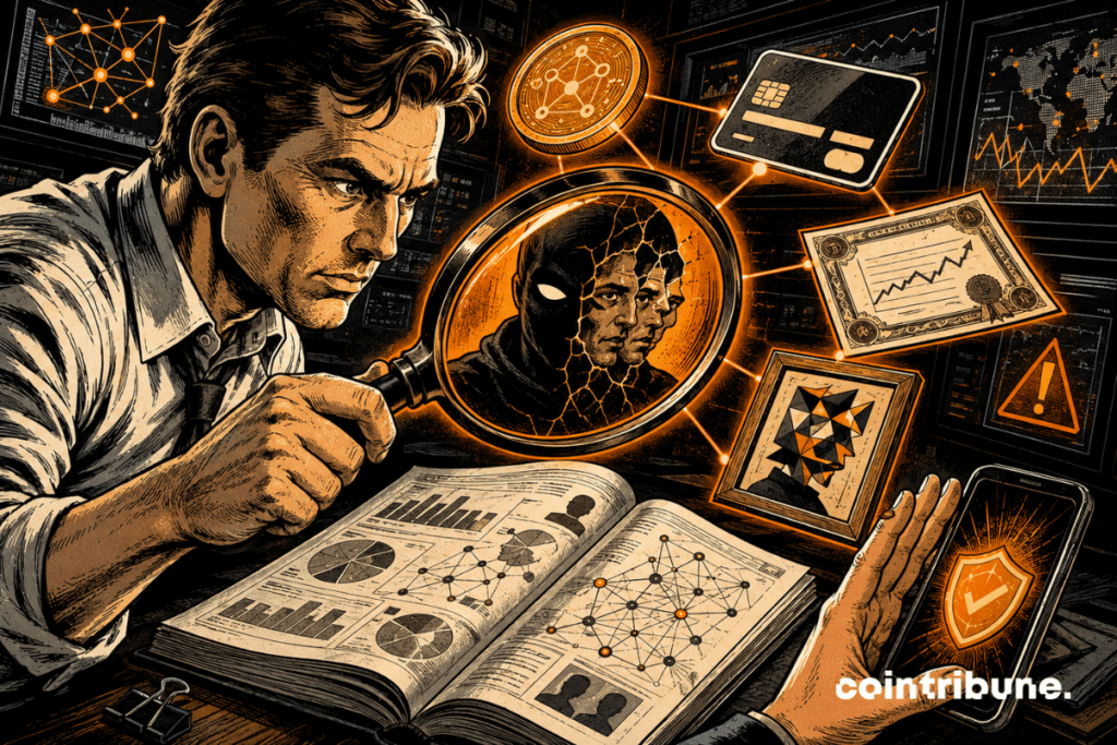 An analyst uses a magnifying glass to expose a masked fraud network linked to crypto, payment cards, stocks, and digital art.