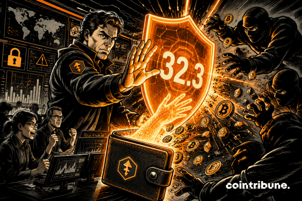 Comic-style crypto security scene showing a glowing shield marked 32.3 protecting a digital wallet from shadowy scammers.