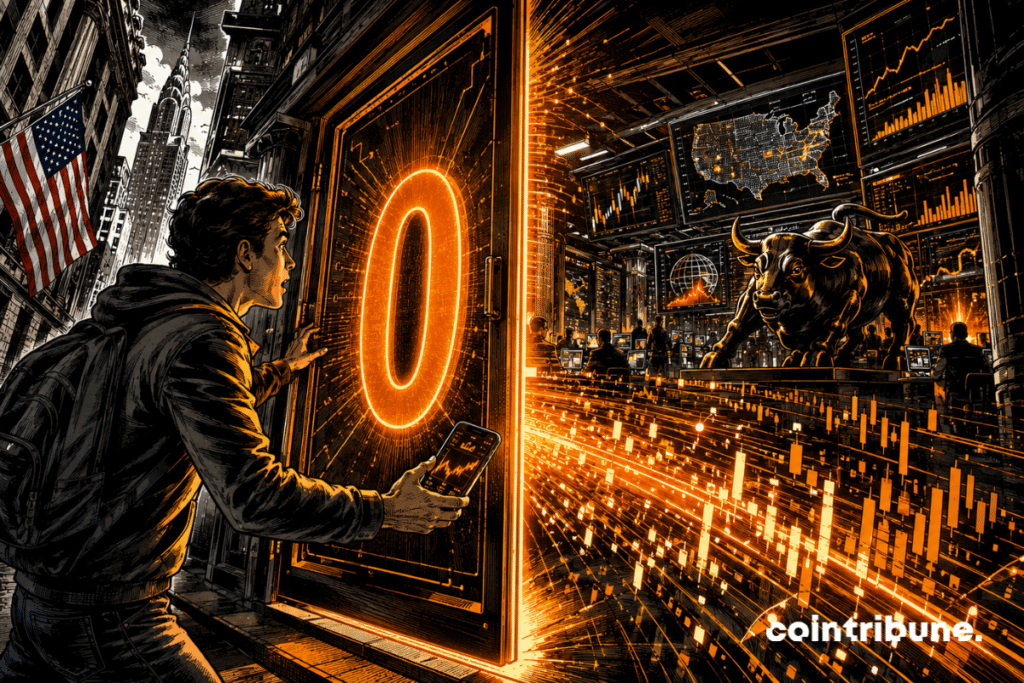 Une pièce Dogecoin pilotée par un Shiba Inu s’envole près d’une fusée, portée par une courbe orange ascendante.