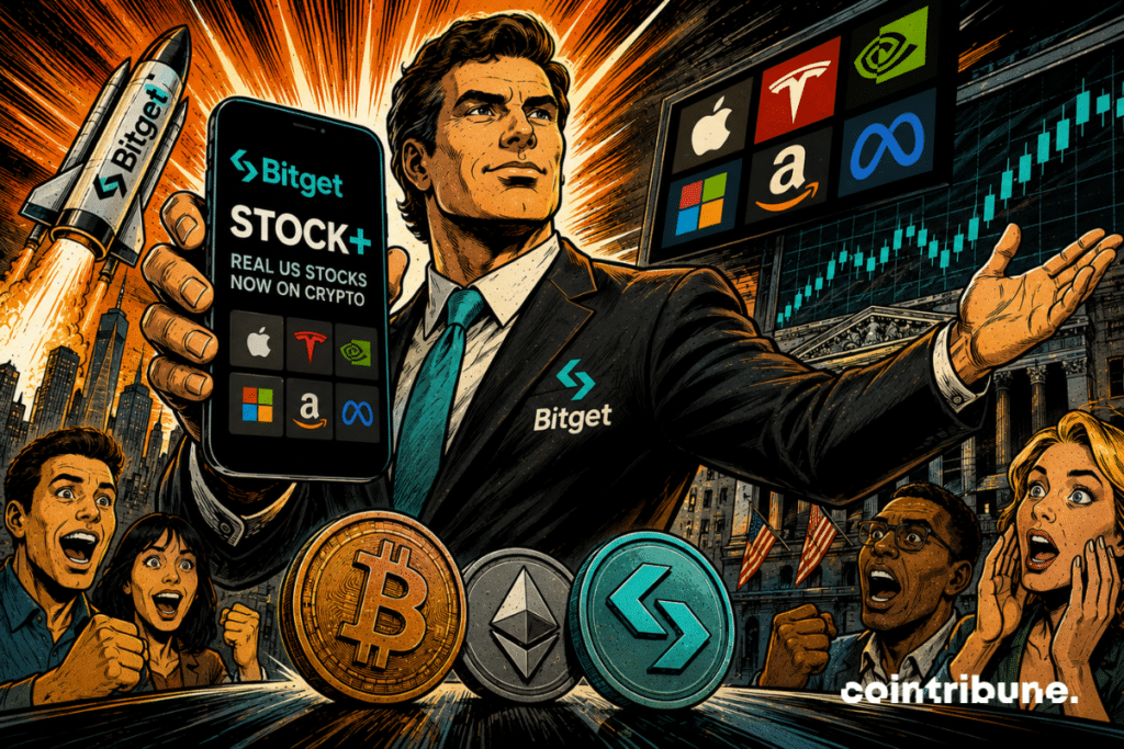 A Bitget representative presents Stock+ on a smartphone beside US stock symbols and rising market charts.