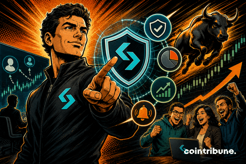 A trader uses Bitget’s risk-management tools beside rising charts and market icons.