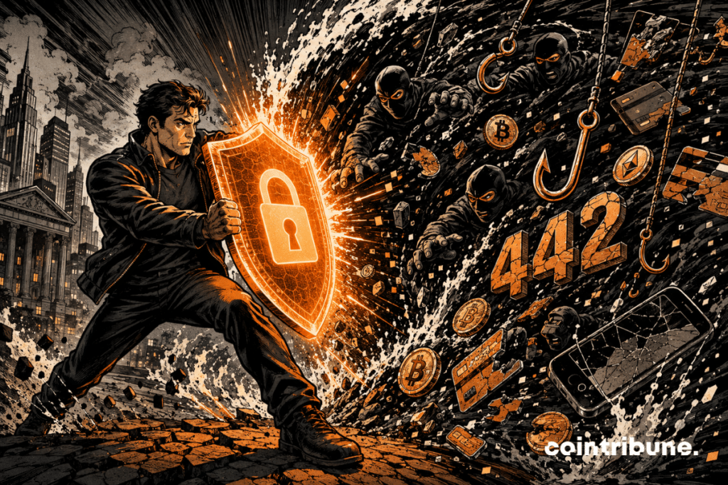 Comic-style crypto defender blocks a dark wave of scammers, phishing hooks and broken cards with a glowing orange lock shield.